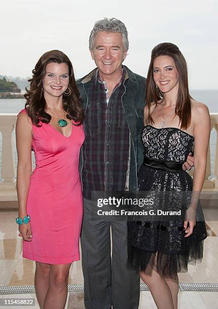 Heather Tom, Patrick Duffy and Sandra Lou pose at Monte Carlo Bay hotel before they meet contest winners during the 2011 Monte Carlo Television...