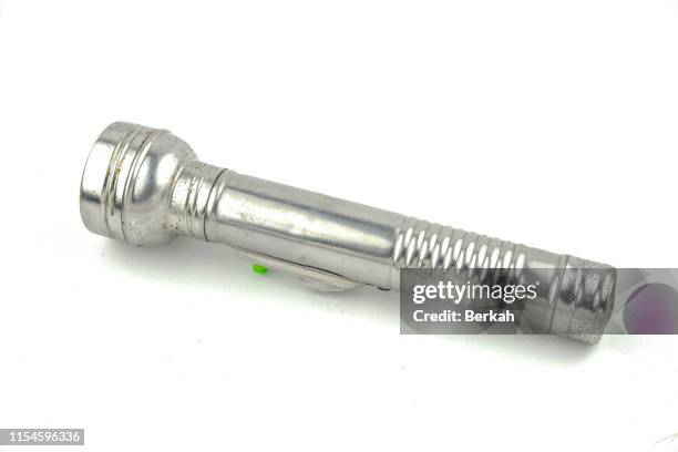 silver flashlight on white background - led torch light stock pictures, royalty-free photos & images