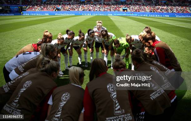Players of Germany huddle on the pitch prior to the 2019 FIFA Women's World Cup France group B match between Germany and China PR at Roazhon Park on...