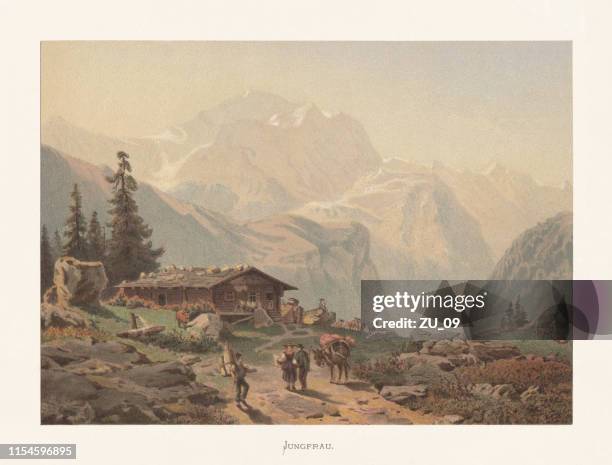 jungfrau, peak of the bernese alps, switzerland, chromolithograph, published ca.1872 - european alps stock illustrations