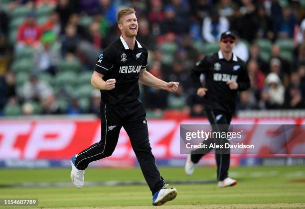 Jimmy Neesham of New Zealand celebrates taking the wicket of Najibullah Zadran of Afghanistan during the Group Stage match of the ICC Cricket World...