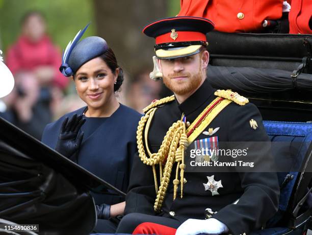 Prince Harry, Duke of Sussex and Meghan, Duchess of Sussex attend Trooping The Colour, the Queen's annual birthday parade, on June 08, 2019 in...