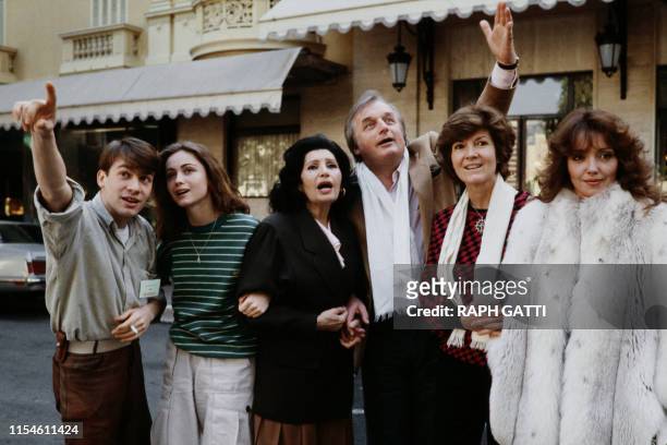 French actors Florent Pagny, Emmanuelle Béart, Nelly Benedetti, Dominique Paturel, Martine Sarcey and Corinne Le Poulain pose on February 7, 1984...