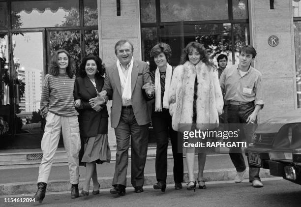 French actors Emmanuelle Béart, Nelly Benedetti, Dominique Paturel, Martine Sarcey, Corinne Le Poulain and Florent Pagny pose on February 7, 1984...