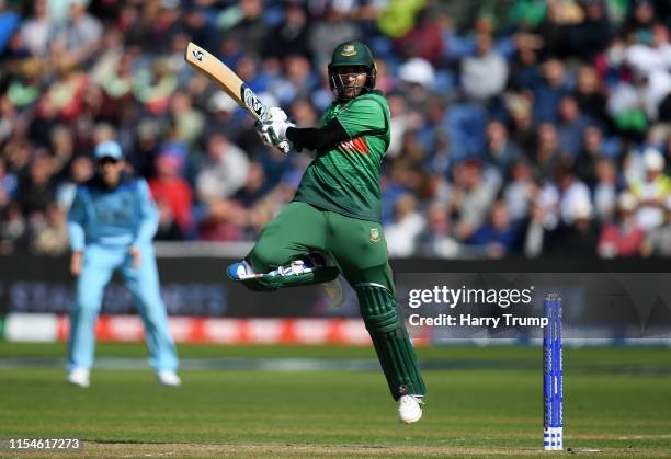 Shakib Al Hasan of Bangladesh plays a shot during the Group Stage match of the ICC Cricket World Cup 2019 between England and Bangladesh at Cardiff...