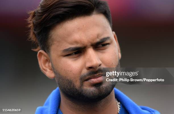 Rishabh Pant of India looks on during a net session before the ICC Cricket World Cup Semi Final Match between India and New Zealand at Old Trafford...