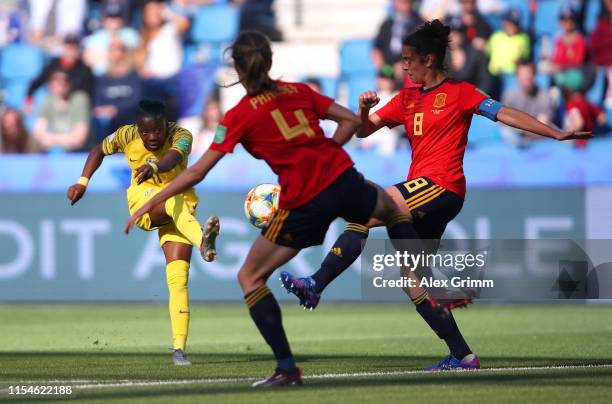 Thembi Kgatlana of South Africa scores her team's first goal during the 2019 FIFA Women's World Cup France group B match between Spain and South...