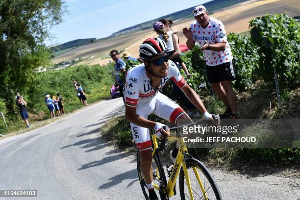 Colombian rider Sergio Henao cycles during the third stage of the 106th edition of the Tour de France cycling race between Binche and Epernay, on...