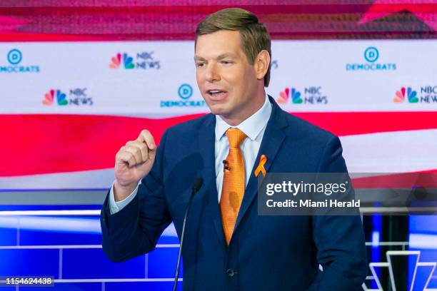 Democratic presidential candidate Rep. Eric Swalwell speaks during the second night of the first Democratic presidential debate on Thursday, June 27...