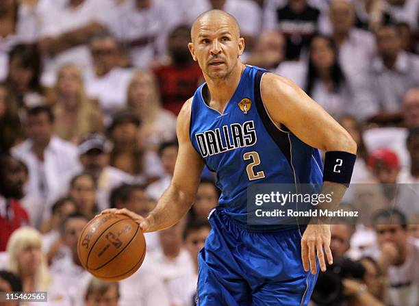 Jason Kidd of the Dallas Mavericks moves the ball while taking on the Miami Heat in Game Two of the 2011 NBA Finals at American Airlines Arena on...