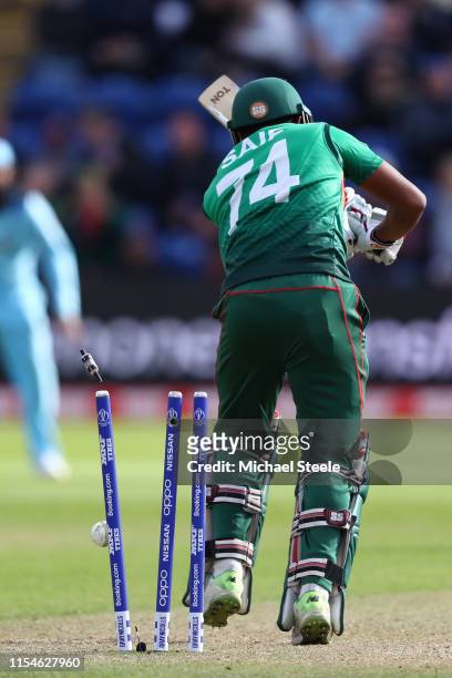 Mohammad Saifuddin of Bangladesh is bowled by Ben Stokes during the Group Stage match of the ICC Cricket World Cup 2019 between England and...