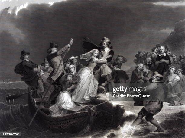 Illustration showing pilgrims stepping off a rowboat onto shore while landing at Plymouth Rock in Massachussetts, 1620. Engraving by J. Andrews,...