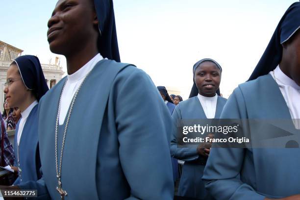 Nuns attend a Mass on the eve of the feast of Pentecost in St. Peter's square on June 08, 2019 in Vatican City, Vatican.