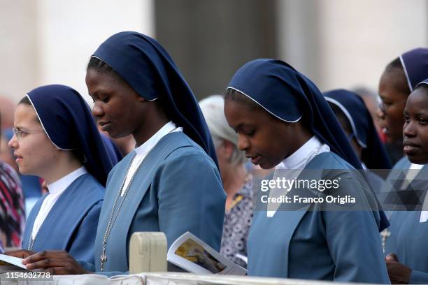 Nuns attend a Mass on the eve of the feast of Pentecost in St. Peter's square on June 08, 2019 in Vatican City, Vatican.