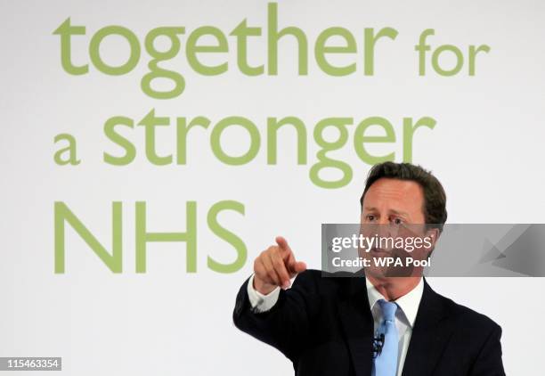 Prime Minister David Cameron points while making a speech about NHS reforms at University College Hospital in June 7, 2011 in London, England. Having...