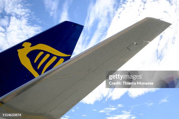 The empenage of a Boeing 737-8AS with the Celtic Harp, the Ryanair Logo in Brussels-Charleroi Airport, on July 5, 2019. Ryanair DAC is a low-cost...
