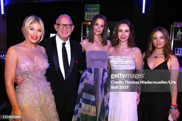 Hofit Golan, Bill Roedy, Katie Holmes, Alexandra Roedy and a guest attend the LIFE+ Solidarity Gala prior to the Life Ball 2019 at Spiegelzelt in the...