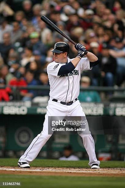 Jack Cust of the Seattle Mariners bats during the game against the New York Yankees at Safeco Field on May 28, 2011 in Seattle, Washington. The...