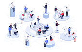Isometric virtual office. Business people working together, technology companies workspace and teamwork platforms vector illustration