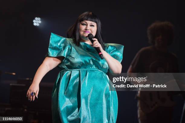 Beth Ditto from Gossip performs at Salle Pleyel on July 8, 2019 in Paris, France.