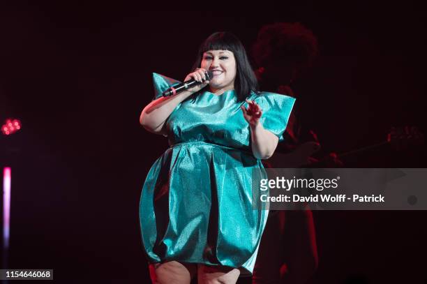 Beth Ditto from Gossip performs at Salle Pleyel on July 8, 2019 in Paris, France.