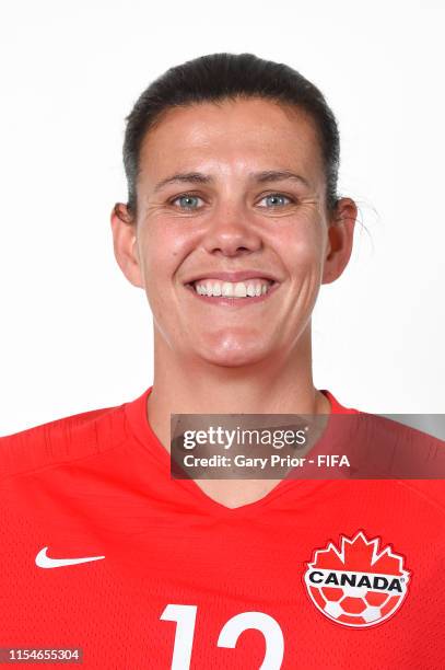 Christine Sinclair of Canada poses for a portrait during the official FIFA Women's World Cup 2019 portrait session at Courtyard by Marriott...