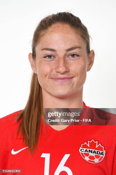 Janine Beckie of Canada poses for a portrait during the official FIFA Women's World Cup 2019 portrait session at Courtyard by Marriott Montpellier on...