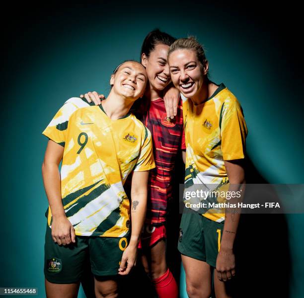 Caitlin Foord, Mackenzie Arnold and Alanna Kennedy of Australia pose for a portrait during the official FIFA Women's World Cup 2019 portrait session...