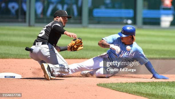 Adalberto Mondesi of the Kansas City Royals slides into second for a steal against second baseman Yolmer Sanchez of the Chicago White Sox in the...