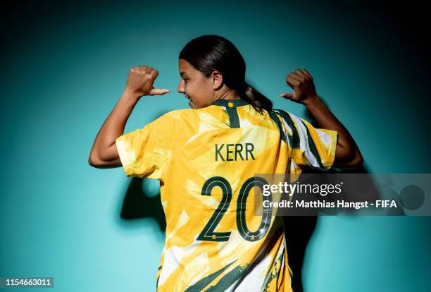 Sam Kerr of Australia poses for a portrait during the official FIFA Women's World Cup 2019 portrait session at Royal Hainaut Spa & Resort Hotel on...