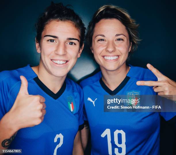 Valentina Giacinti and Valentina Bergamaschi of Italy pose for a portrait during the official FIFA Women's World Cup 2019 portrait session at Royal...