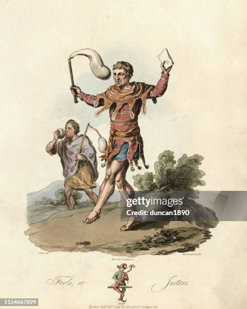 costume of a medieval jester and fool, 13th century - jester stock illustrations