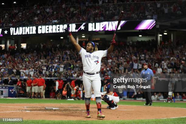 Vladimir Guerrero Jr. #27 of the Toronto Blue Jays reacts in the second round during the T-Mobile Home Run Derby at Progressive Field on Monday, July...