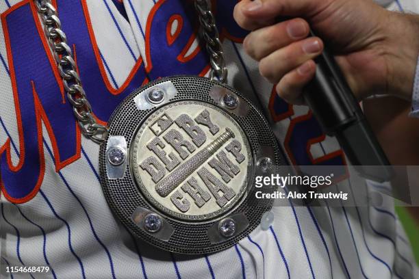 Detail view of Pete Alonso of the New York Mets chain during the T-Mobile Home Run Derby at Progressive Field on Monday, July 8, 2019 in Cleveland,...