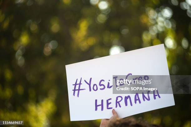 Placard that says: "I believe in you sister" during the demonstration. Protest in support of the young woman raped by seven men in Manresa . In...