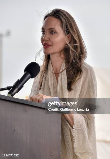 United Nations High Commissioner for Refugees Special Envoy Angelina Jolie delivers a speech during a press conference after visiting a refugee camp...