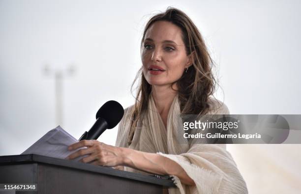 United Nations High Commissioner for Refugees Special Envoy Angelina Jolie delivers a speech during a press conference after visiting a refugee camp...