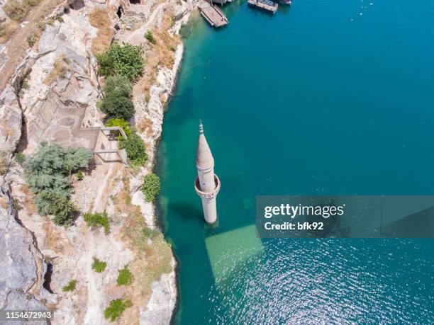 aerial view of sunken village savasan in halfeti, gaziantep, turkey - gaziantep stock pictures, royalty-free photos & images