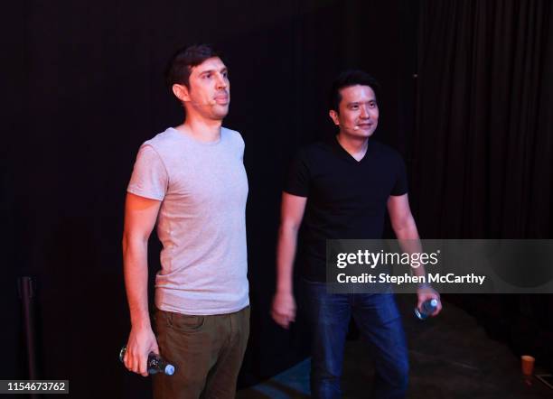 Hong Kong - 9 July 2019; Min-Liang Tan, Co-founder & CEO, Razer, right, and Jon Russell, Writer, TechCrunch, backstage during day one of RISE 2019 at...