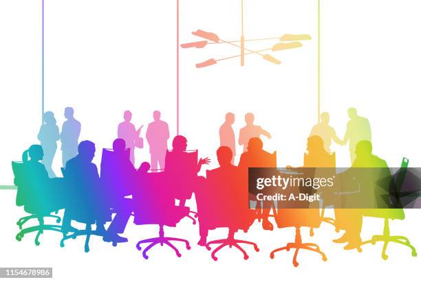 large boardroom business meeting rainbow - hand shake gesture white background isolated stock illustrations