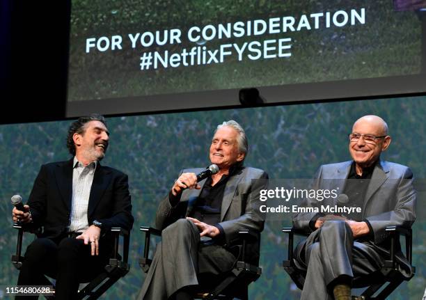 Chuck Lorre, Michael Douglas and Alan Arkin speak onstage at the Netflix "The Kominsky Method" FYSEE Event at Raleigh Studios on June 08, 2019 in Los...