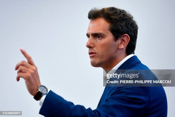 Spain's centre-right Ciudadanos party leader Albert Rivera holds a press conference at Las Cortes in Madrid on July 9, 2019.