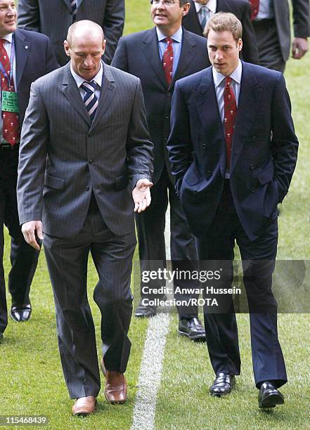 Prince William walks on the pitch with Welsh rugby player Gareth Thomas at the Millennium Stadium, Cardiff on February 4, 2007. Prince William...