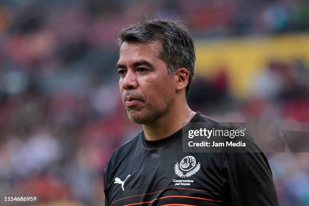 Pavel Pardo looks on prior the Rafael Marquez farewell match between Amigos de Marquez and Leyendas Mundiales at Jalisco Stadium on June 8, 2019 in...