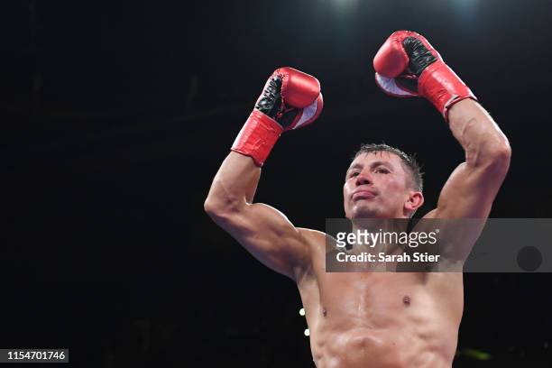 Gennady Golovkin of Kazakhstan reacts after winning by knockout in the fourth round against Steve Rolls of Canada during their Super Middleweights...