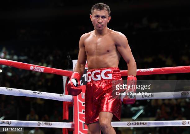 Gennady Golovkin of Kazakhstan looks on during his Super Middleweights fight against Steve Rolls of Canada at Madison Square Garden on June 08, 2019...
