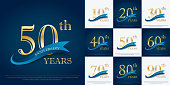set of 10th-90th elegance golden anniversary celebration emblem with blue ribbon, anniversary logo design for web, game, poster, booklet, leaflet, flyer, magazine, greeting card and invitation card