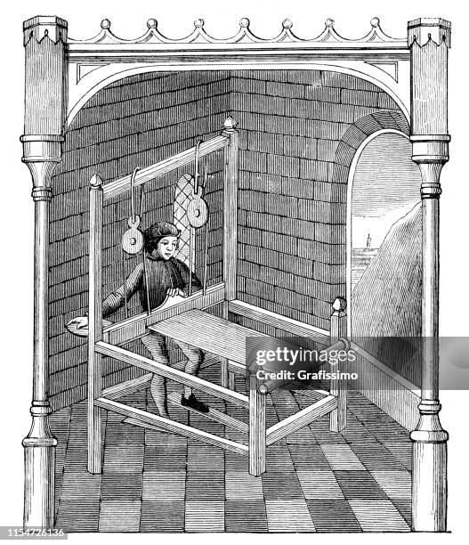 illustrations, cliparts, dessins animés et icônes de weaver travaillant au tissage métier à tisser illustration du 14ème siècle - tisser