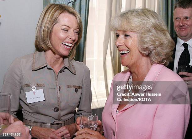 Camilla, Duchess of Cornwall shares a joke with Mary Nightingale during a reception for the Royal Television Society at Clarence House in London on...