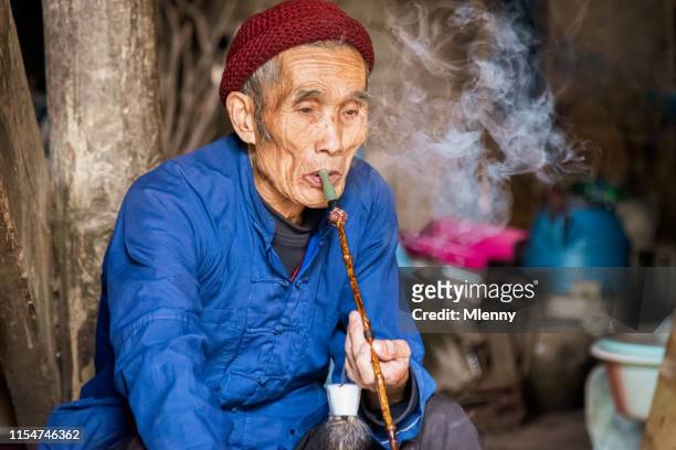 chinesischer senioren-mann raucht pfeife in seiner wohnung - bauer pfeife stock-fotos und bilder